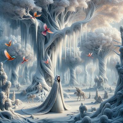The primary subject of the image is a woman dressed in a white gown, standing in a snowy forest. The setting is a wintery landscape with snow-covered trees and a frozen forest. The visual style is a digital art or illustration, creating a surreal and fantastical atmosphere. The colors are predominantly white and cold, with some hints of pink and purple, adding a touch of warmth to the otherwise icy scene.